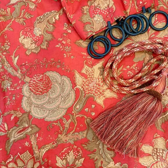 Vintage POTTERY BARN Palampore Jacobean Curtains 50x96 Red w/ Rings & Tiebacks